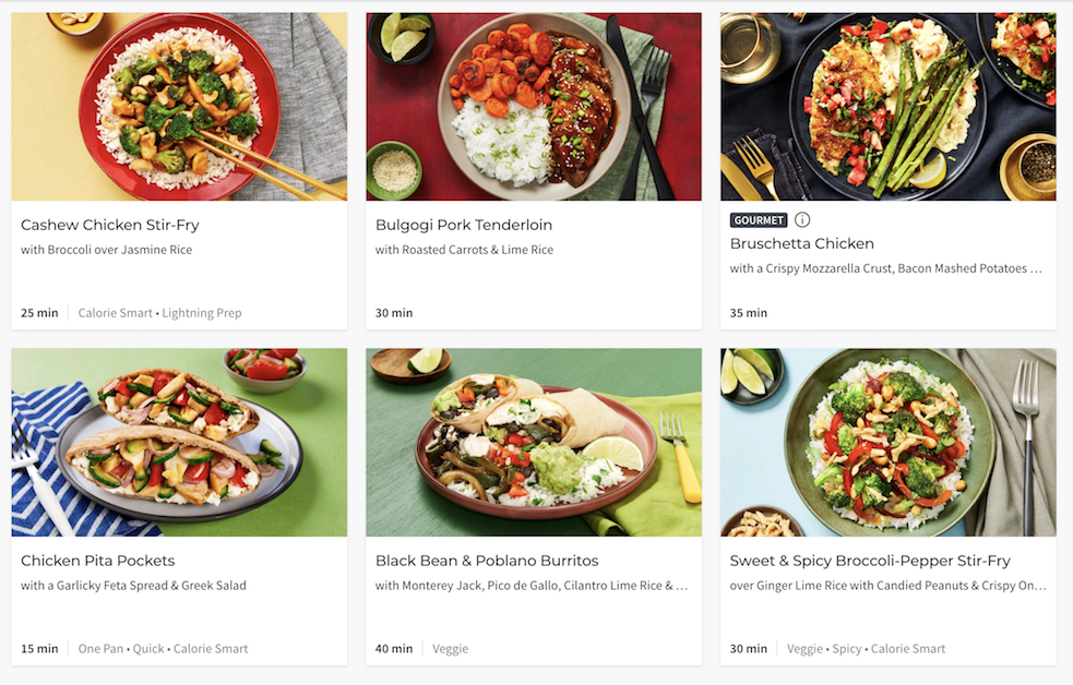 HelloFresh delivered meal menu items